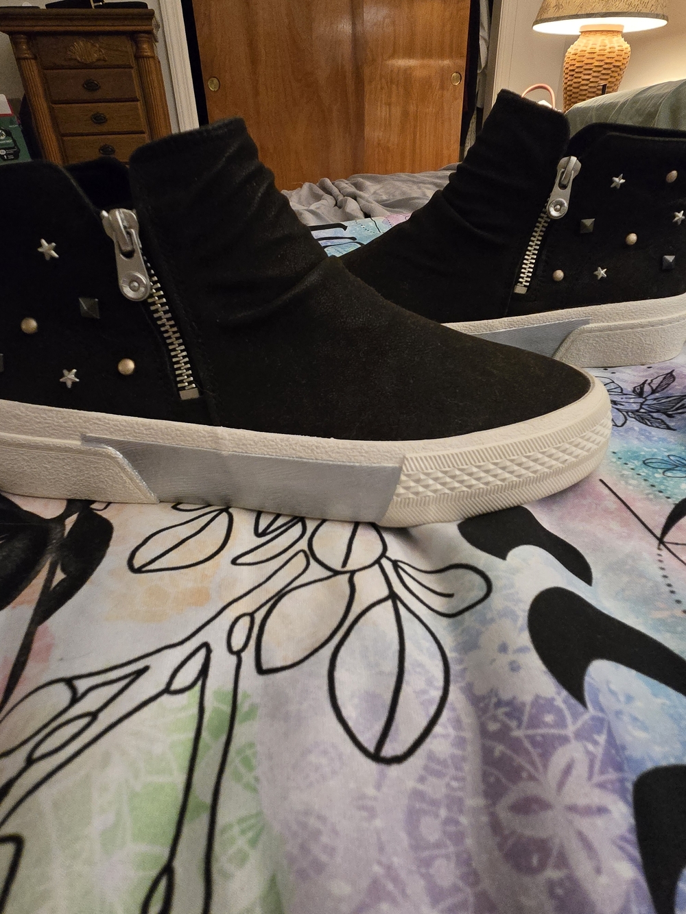 Black Studded High-Top Slip-On Sneakers with Side Zipper